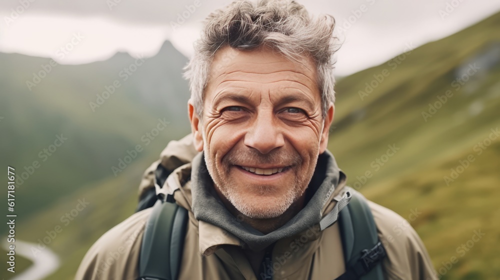 Happy male hiker smiling while standing alone. Cheerful mature man carrying a backpack and standing on a hilltop. Adventurous backpacker enjoying a hike at sunset.