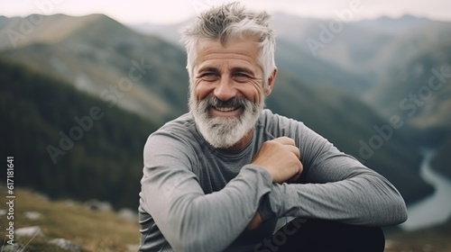 Happy male hiker smiling while standing alone. Cheerful mature man carrying a backpack and standing on a hilltop. Adventurous backpacker enjoying a hike at sunset.