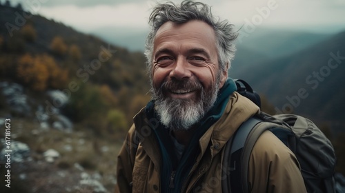 Happy male hiker smiling while standing alone. Cheerful mature man carrying a backpack and standing on a hilltop. Adventurous backpacker enjoying a hike at sunset.