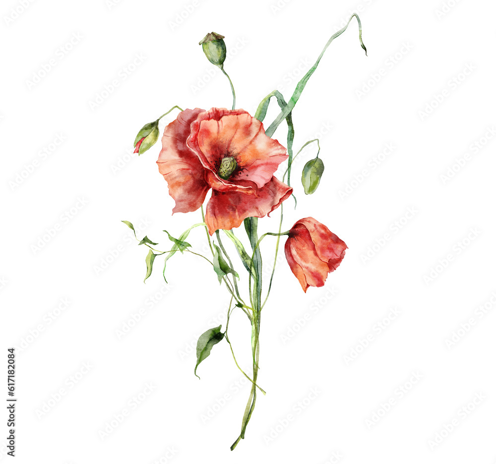 Watercolor meadow flowers bouquet of poppies and leaves. Hand painted floral poster of wildflowers isolated on white background. Holiday Illustration for design, print, fabric, background. Watercolor meadow flowers bouquet of poppies and leaves. Hand painted floral poster of wildflowers isolated on white background. Holiday Illustration for design, print, fabric, background.