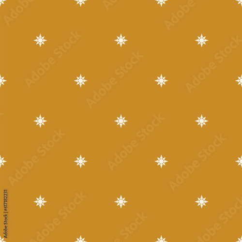 Vector geometric texture with small stars, sun silhouettes, tiny diamond shapes. Abstract minimalist seamless pattern. Simple minimal cute background. Yellow mustard color. Repeat decorative design