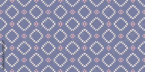 Vector ornamental seamless pattern. Elegant geometric ornament texture with small flower silhouettes, rhombuses, grid. Abstract background. Ethnic tribal motif. Blue and pink color. Repeat geo design