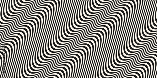 Diagonal curved wavy lines background. Vector seamless pattern with black and white waves, stripes. Dynamical 3D effect, illusion of movement. Modern abstract monochrome texture. Stylish repeat design