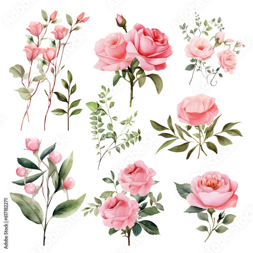 Watercolor design elements of pink roses flowers  leaves  eucalyptus  branches set for wedding stationary  invitation card  greeting  wallpaper  fashion  isolated on transparent. generative ai