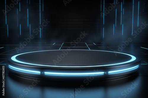 A blank digital round electronic platform with a blur background isolated to lights and a wall of metal panel