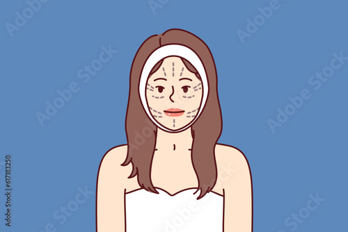 Face of woman with lines for plastic surgeon or cosmetologist doing cosmetic lifting procedure. Girl wants to have plastic surgery at surgeon, for facial rejuvenation and skin tightening
