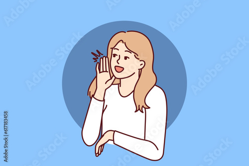 Woman screams with hand to mouth to announce start of seasonal sale or discounts for shopping. Beautiful girl promoter screams calling to pay attention to promotional product or service