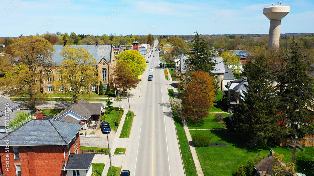 Aerial view of Mount Forest, Ontario, Canada on a spring morning