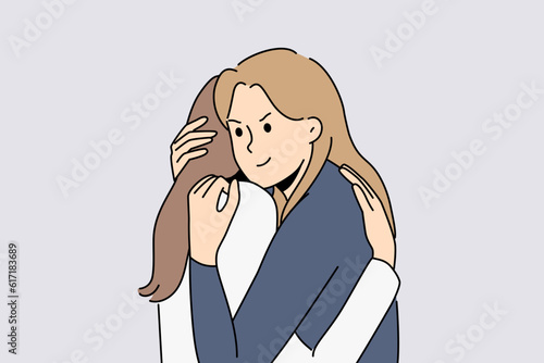 False friendship between two women hugging and conceived insidious plan in secret from friend. Insidious girl cunningly hugs crying female friend to console after breaking up with boyfriend