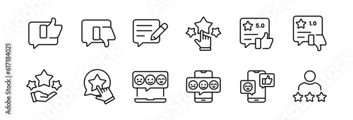 set of outlined feedback review satisfaction icon vector customers rating survey of service evaluation opinion line symbol illustration