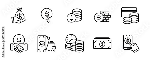money finance icon set coin stack and billfold vector illustration earning, investment, tax outline symbol template for web and app
