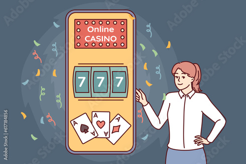 Woman near phone with online casino offers to use gambling applications with possibility of getting jackpot. Giant smartphone with internet casino website for games with big cash prize
