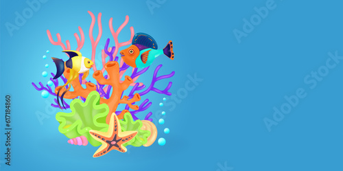 Underwater background. 3d vector objects coral  starfish  shells  crab. Greeting card  poster  banner  flyer