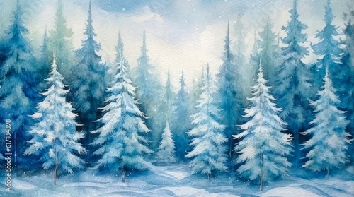 Winter landscape with snow covered pines. Generative AI. © Hanna