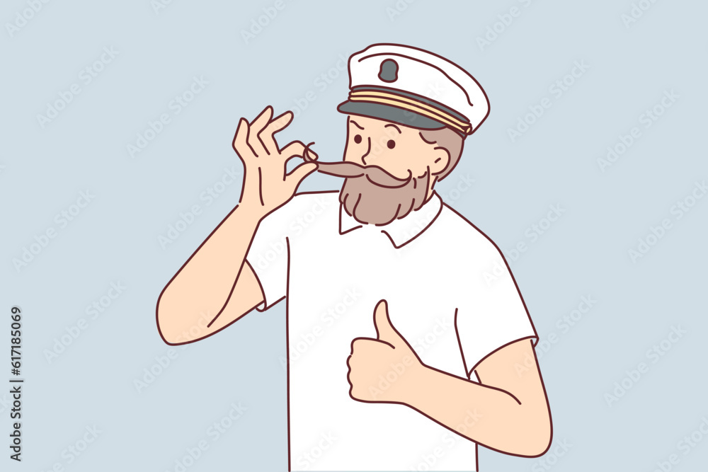 Man cruise ship captain fixes mustache and gives thumbs up suggestion to go on joint trip