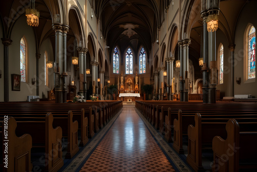 classic church interior front view ,generative ai © Leo