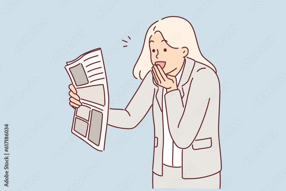 Joyful businesswoman with newspaper is surprised by good news in press and says WOW covering mouth Joyful businesswoman with newspaper is surprised by good news in press and says WOW covering mouth