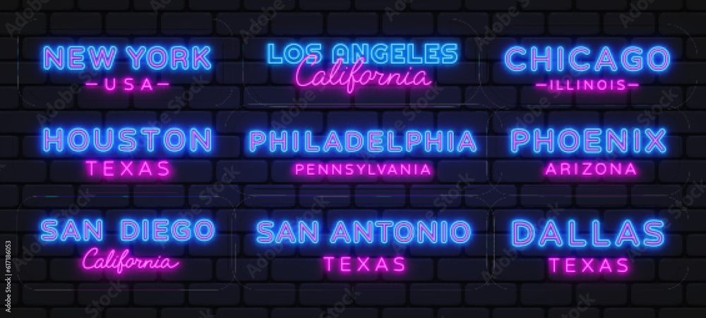 Cities in USA neon signs set. New York, Los Angeles, Chicago, Houston, Phoenix collection light signs. Sign boards, light banner. Neon isolated icon, emblem, design template. Vector Illustration Cities in USA neon signs set. New York, Los Angeles, Chicago, Houston, Phoenix collection light signs. Sign boards, light banner. Neon isolated icon, emblem, design template. Vector Illustration