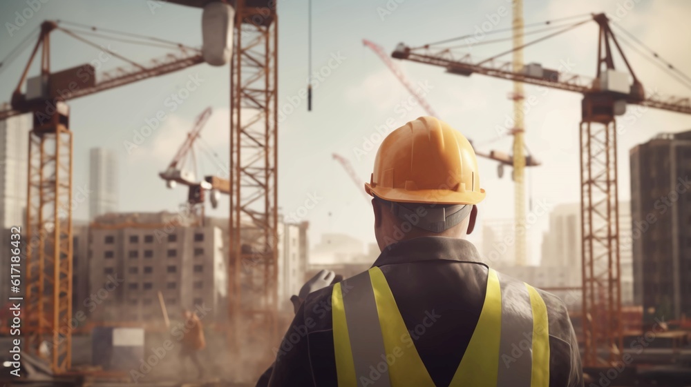 A working man in a protective construction helmet. An engineer at a construction site controls the process of industrial construction. AI generated A working man in a protective construction helmet. An engineer at a construction site controls the process of industrial construction. AI generated