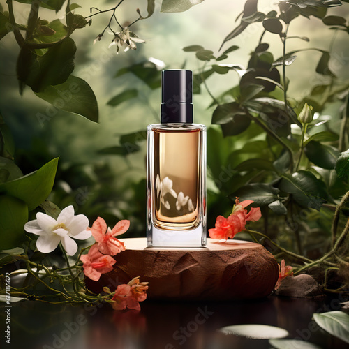Glass perfume bottle mockup on natural green outdoors botanical background with plants, flowers and wooden elements, beauty product container commercial branding ready template