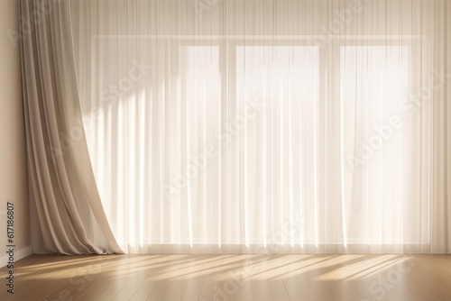 Beautiful sunlight, blowing white sheer linen, blackout curtain from open window photo