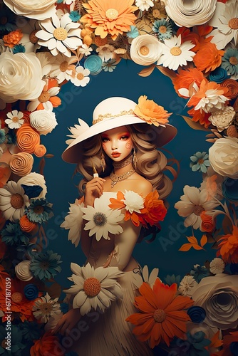 Gorgeous French Mademoiselle in Feather Hat. Poster Illustration Generative AI