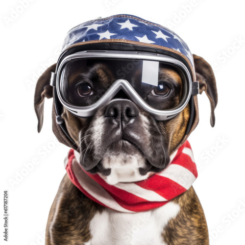cheerful Patriotic dog in a bicycle helmet with an American flag pattern on a white background. Generative AI © Margo_Alexa