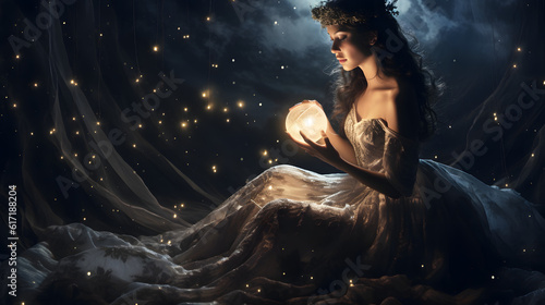 woman who pulls the moon closer to the earth with a silken thread during the silent night