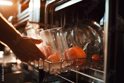 A woman's hand is loading dishes, emptying or unloading a dishwasher with dishes. The housewife puts the plate in the dishwasher or takes it out. Kitchen appliances, lifestyle.Generative AI
