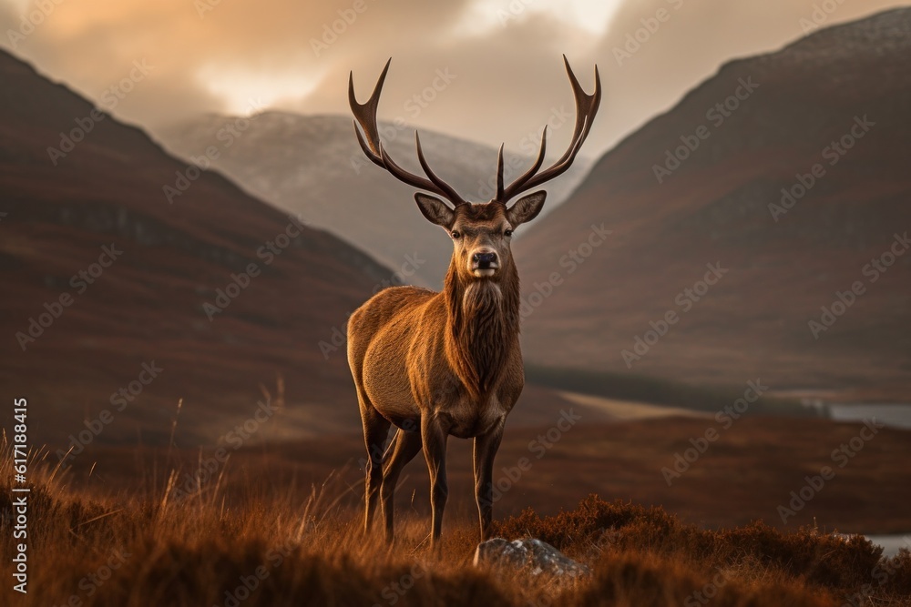 Portrait of a free and wild deer, captured in the mountains. Generative AI Portrait of a free and wild deer, captured in the mountains. Generative AI