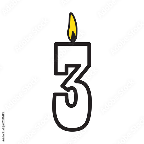 3th Candles birthday icon, Birthday candles with burning flames isolated on light brown background. Vector design elements 