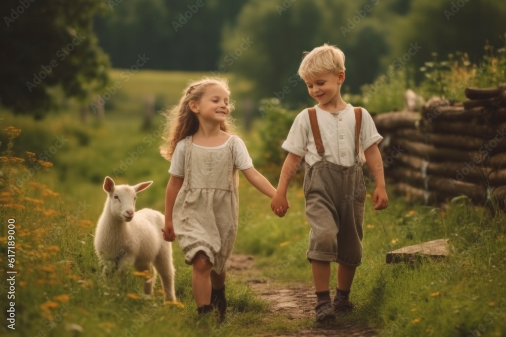 Fototapeta premium happy children at the livestock farm rejoice and help their parents. Generative AI