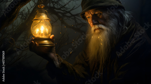  old man using a lantern to guide spirits of the forest back home during a misty night