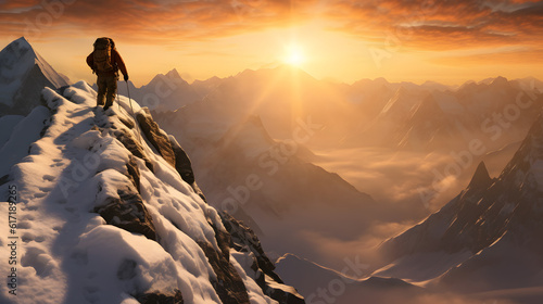 climber reaching the peak of a mountain that no one else has ever climbed during a snowy dawn