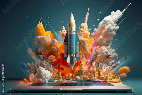 A rocket is flying out of a laptop, in the style of explosive pigmentation