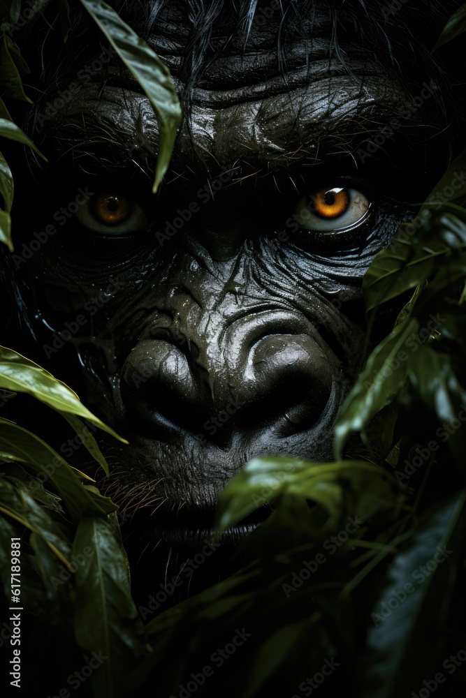 Nature's Secrets Revealed: A Gorilla's Inquisitive Stare from Within Lush Foliage. Gen AI