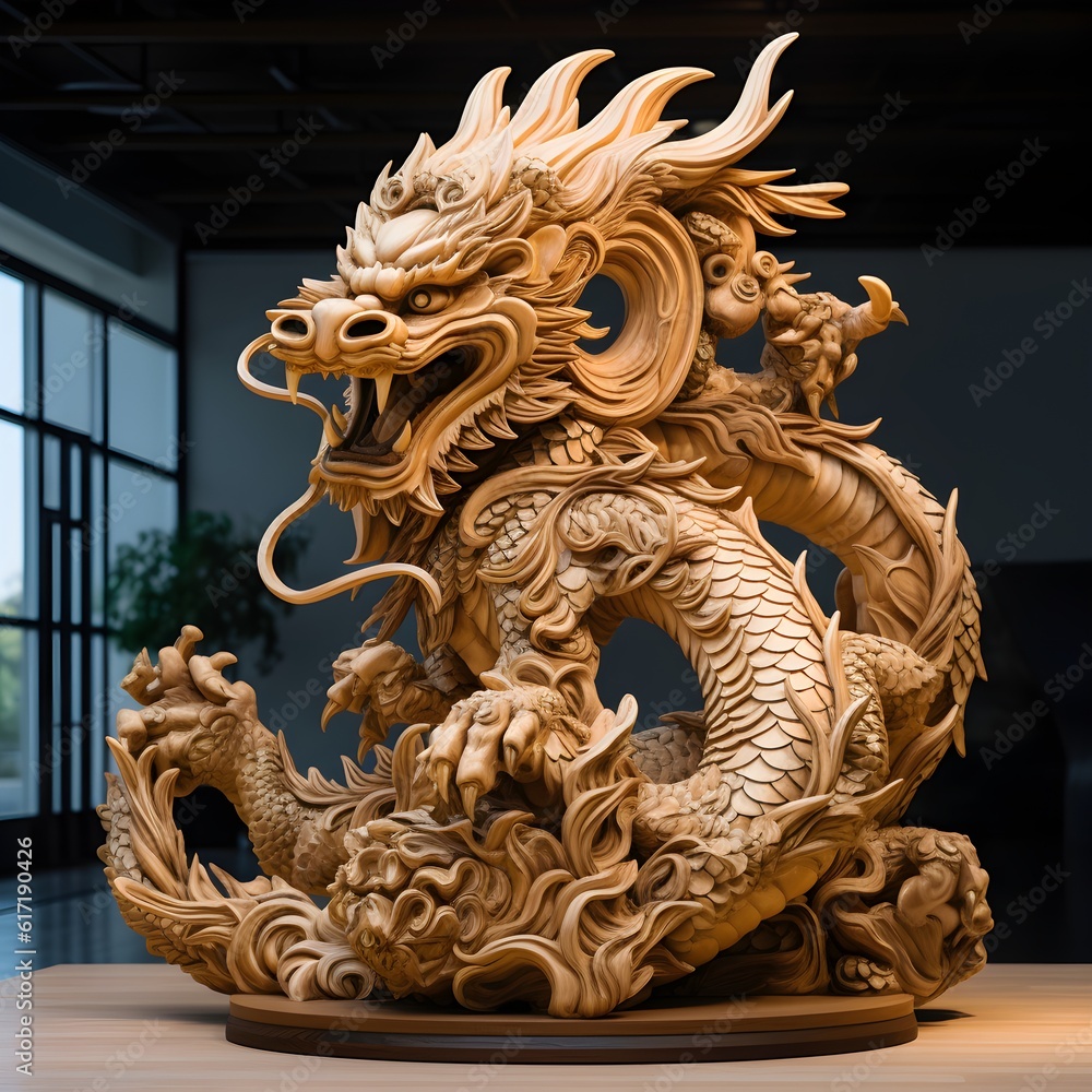 Traditional-style Japanese Dragon Carved from wood, the photo depicts traditional Japanese wood statue carving. Traditional-style Japanese Dragon Carved from wood, the photo depicts traditional Japanese wood statue carving.