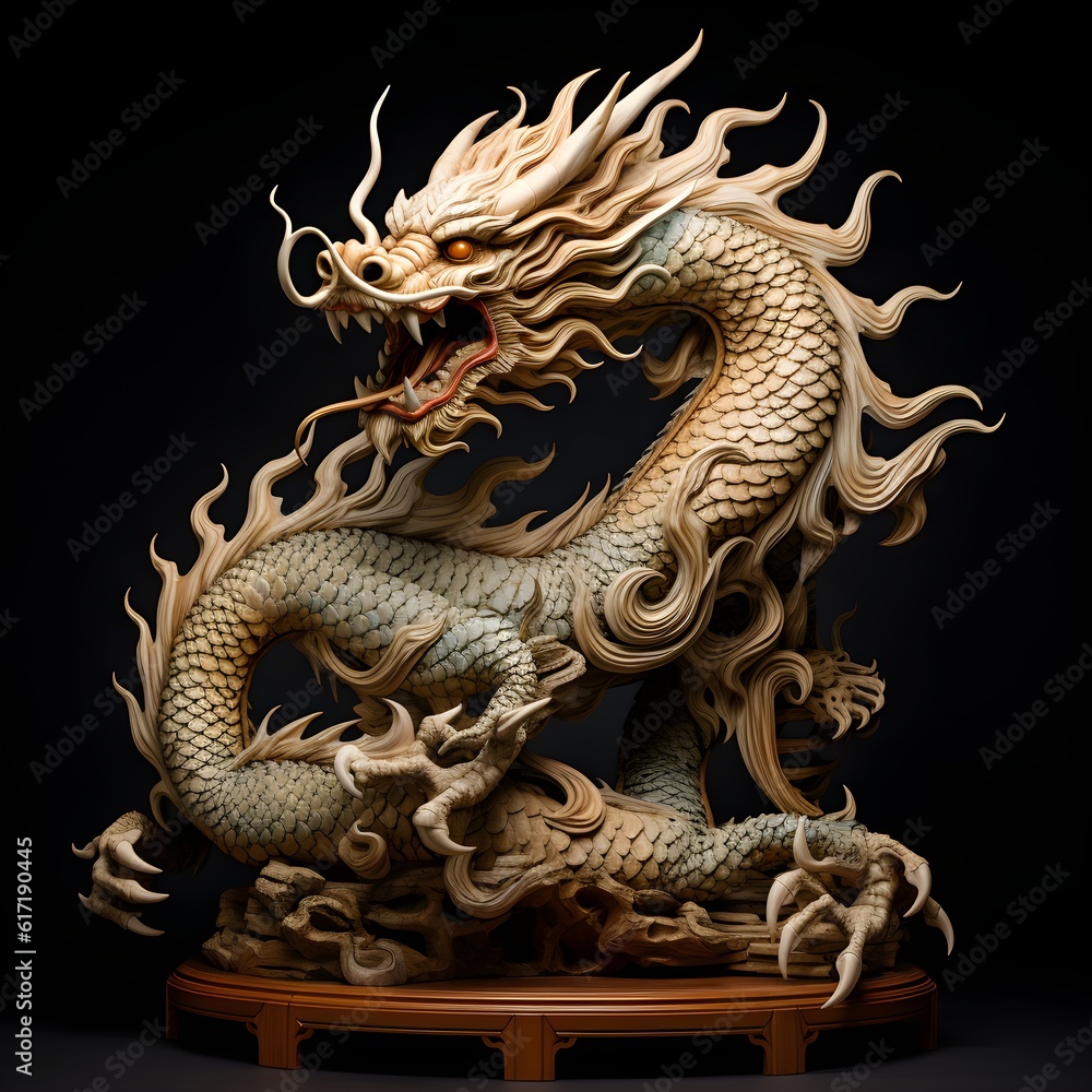 Traditional-style Japanese Dragon Carved from wood, the photo depicts traditional Japanese wood statue carving.