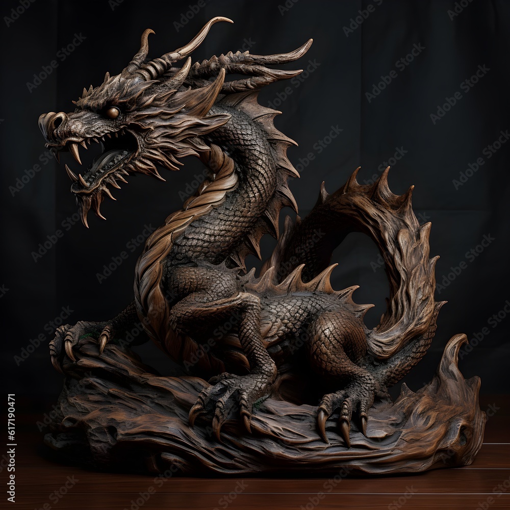 Traditional-style Japanese Dragon Carved from wood, the photo depicts traditional Japanese wood statue carving. Traditional-style Japanese Dragon Carved from wood, the photo depicts traditional Japanese wood statue carving.