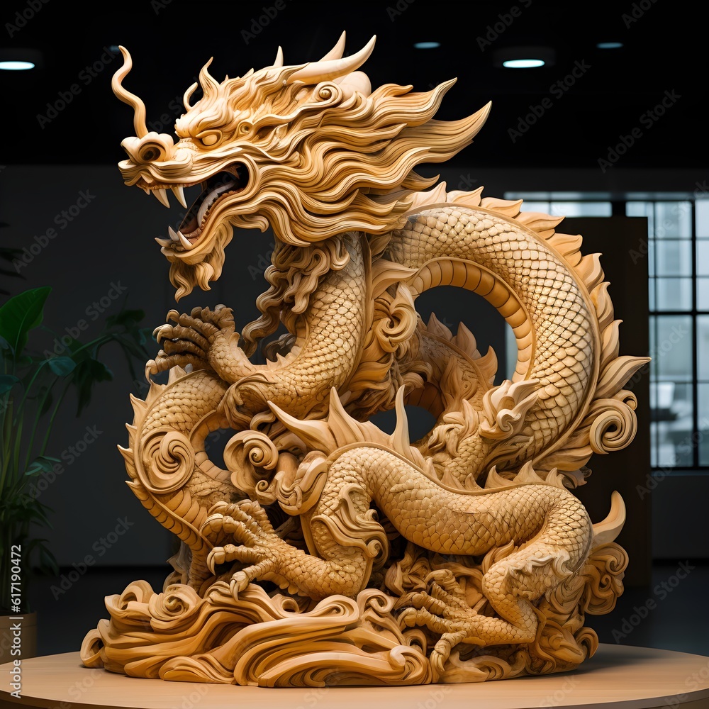 Traditional-style Japanese Dragon Carved from wood, the photo depicts traditional Japanese wood statue carving. Traditional-style Japanese Dragon Carved from wood, the photo depicts traditional Japanese wood statue carving.