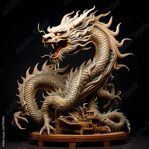 Traditional-style Japanese Dragon Carved from wood  the photo depicts traditional Japanese wood statue carving.