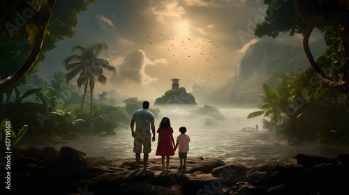 family discovering a hidden tropical island that appears only once every hundred years during a sunny afternoon