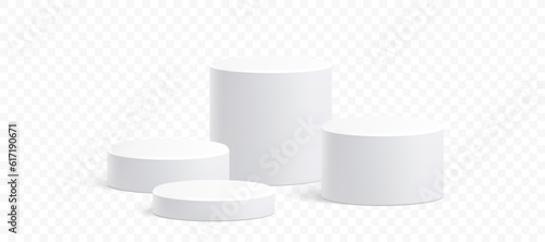 White circle podium stand, 3D cylindrical pedestal display isolated on white background. Vector column platform pillar for display product