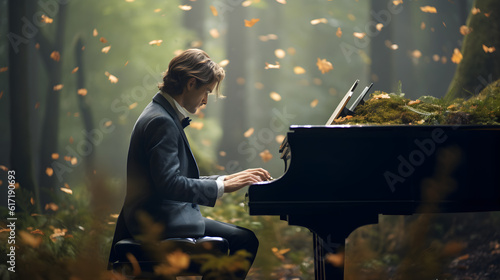 pianist playing a melody so powerful it changes the seasons around him in a forest during the day