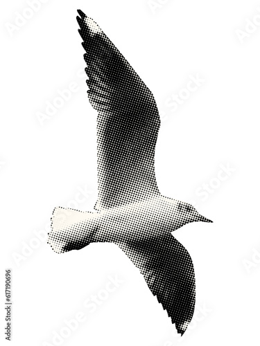 seagull in flight isolated vintage halftone dots collage element in retro magazine style