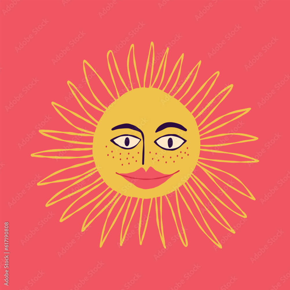 Awesome funny sun with a charming smiling face. Hand-drawn illustration in retro style