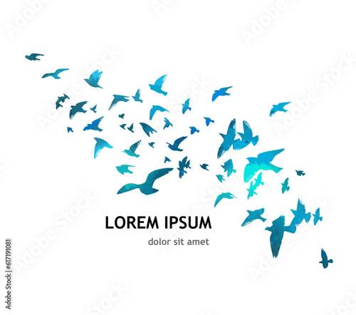 A flock of blue watercolor flying birds. Free birds abstraction Vector illustration