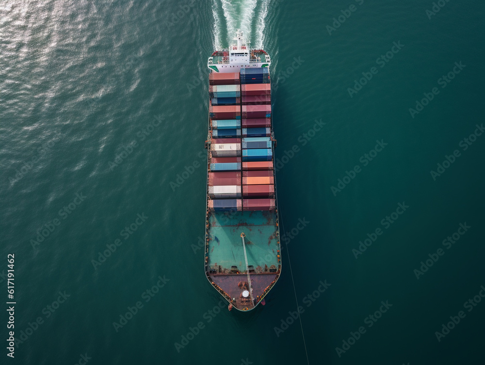 Ship with cargo containers in the sea., high angle view.