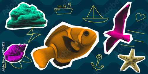marine concept template with fish and seagull shell starfish psychedelic grunge artwork retro halftone dots сutout vibrant pop art y2k collage elements for crazy mixed media design with doodle shapes