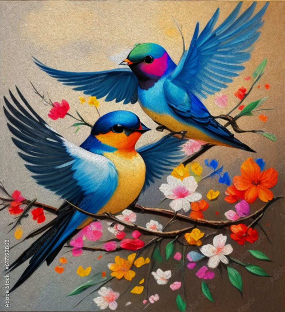 Oil painting, Colorful Swallow with flowers. collection of designer oil paintings. Decoration for interior